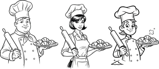 Cartoon chefs holding croissants and rolling pins, bakery illustration, culinary team sketch, pastry cooking concept, kitchen artwork, food preparation drawing