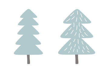 Fototapeta premium Set of two Christmas trees isolated on white background. For winter illustrations. Decoration for postcards, business cards and invitations. Flat vector illustration. Gray tree with brown trunk.