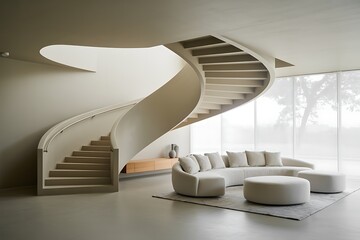 Elegant modern interior design showcases a sweeping white spiral staircase leading to an upper level with minimalist furniture