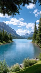 Scenic lake surrounded by mountains and lush trees under a blue sky with clouds.