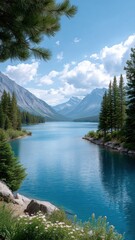 A serene lake surrounded by mountains and trees under a bright blue sky.