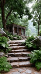 Stone cabin nestled among lush greenery and a winding stone pathway leading up to it.