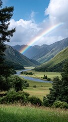A scenic landscape featuring mountains, a river, greenery, and a vibrant rainbow arching across the sky.
