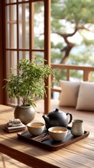 Serene tea setting with teapot, cups, and plant by a wooden window overlooking nature.