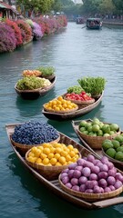 Colorful fruit boats floating on a serene river surrounded by blooming flowers.