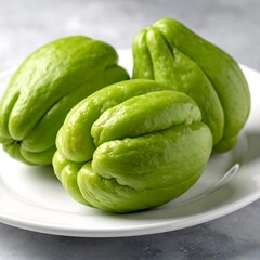 Fototapeta premium Fresh Green Chayote Squash (Mirliton) on a White Plate, Raw Tropical Vegetable for Healthy Cooking