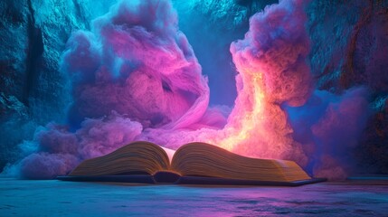 A book lies open, releasing radiant pink and purple tendrils of light set against a gradient backdrop