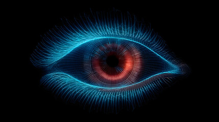 Futuristic glowing eye with vibrant blue and red wireframe design for cutting-edge technology, advanced security, and innovative digital solutions