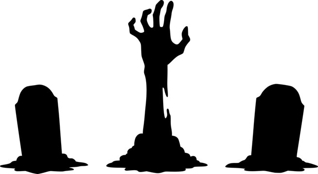 Spooky zombie hand emerging from grave silhouette vector illustration scalable eps icon for halloween silhouette White background
