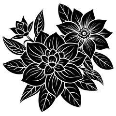 Black and white floral illustration with detailed petals and leaves