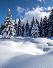 Snowy forest scene under a partly cloudy, bright blue sky