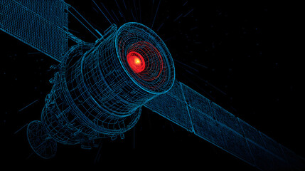 Detailed satellite blueprint orbiting in deep space, showcasing innovative technology, futuristic design, and advanced engineering for space exploration
