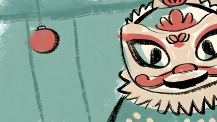 A red and white Chinese lion mask against a teal background with a red ornament.