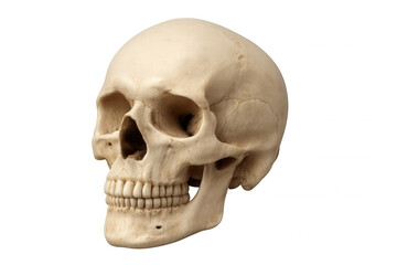 Obraz premium Human skull bone anatomy showing cranium, jaw, and teeth, representing science, medicine, and mortality with transparent background