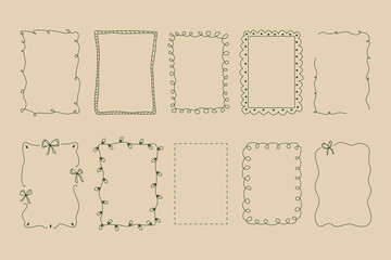 Set holiday whimsical rectangle frames with wavy lines, bows, curly, garland and dotted. Hand-drawn vector trendy minimalist line art in doodle style.