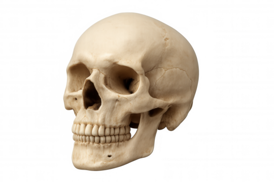 Human skull bone anatomy showing cranium, jaw, and teeth, representing science, medicine, and mortality with transparent background