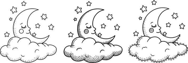 Crescent moon illustration, dreamy night sky artwork, sleeping moon face with stars, fluffy cloud design, celestial fantasy, magical bedtime theme