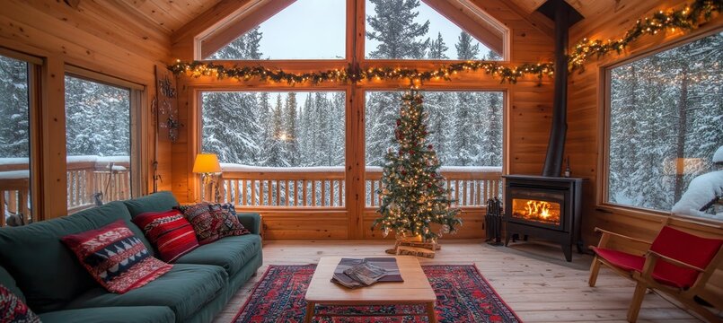 Cozy snowy cabin interior with a warm fireplace and a beautifully decorated Christmas tree.