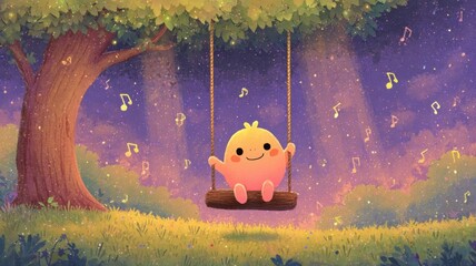 A cheerful character swings in a whimsical, musical forest setting.