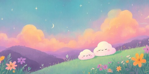 Dreamy landscape with clouds, flowers, and a pastel sky.