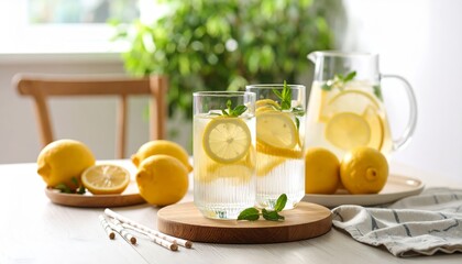 Fototapeta premium Refreshing Lemon Infused Water with Mint and Citrus Fruit, Refreshing Visual