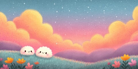 Cute fluffy characters in a colorful, dreamy landscape with flowers.