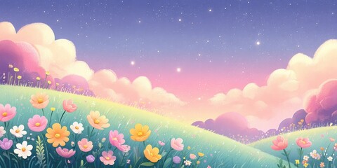 Colorful flowers and clouds under a pastel sky at dusk.