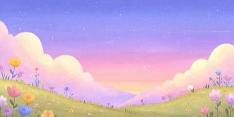 A serene landscape with colorful flowers under a pastel sky.