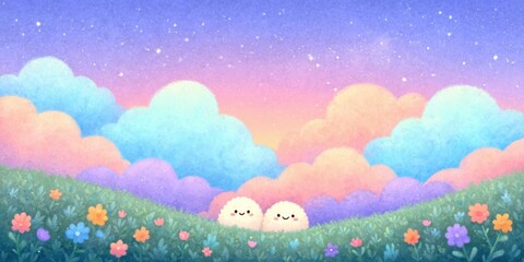 Whimsical clouds and flowers under a pastel sky with smiling characters.