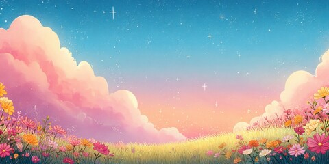 Vibrant floral landscape with pastel sky and clouds.