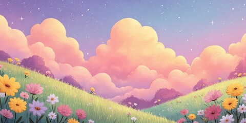 Colorful landscape with flowers and pastel clouds at sunset.