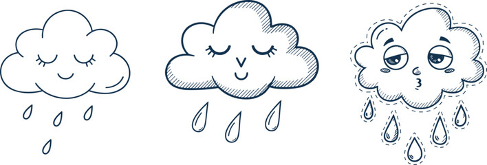 Cute cartoon clouds, emotional weather icons, sad cloud illustration, happy cloud character, kawaii rain design, vector clipart, children’s artwork, doodle