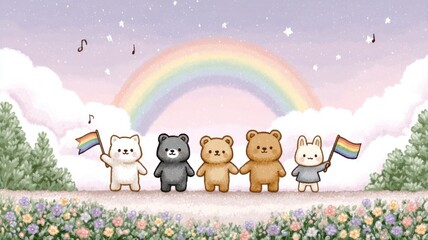 Four cute cartoon bears celebrating under a rainbow.