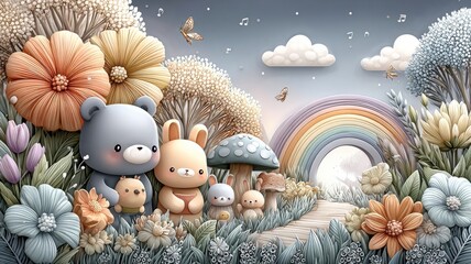 Cute cartoon animals in a colorful flower-filled landscape with a rainbow.
