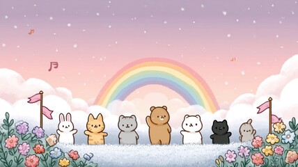 Cute animals under a rainbow with flowers and pastel clouds.