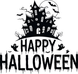 Spooky happy halloween castle silhouette with bats and ghosts for festive decorations vector