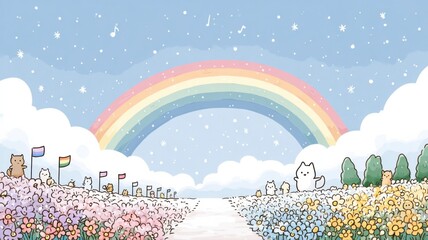 A whimsical scene featuring animals under a rainbow and colorful clouds.