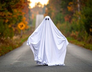 Sheet-covered figure with eyeholes stands on an asphalt road in autumn