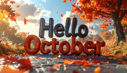 Vibrant autumnal scene featuring "Hello October" message