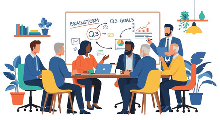 Fototapeta premium Diverse Team Brainstorming Q3 Goals in Meeting Room.