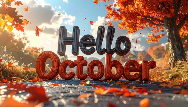 Vibrant autumnal scene featuring "Hello October" message