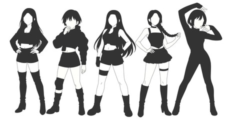 Set silhouette illustrations of kpop idols singing and dancing on stage. Flat vector kpop music star. Modern group dancers with various different styles, poses and choreography. Korean pop cultures.