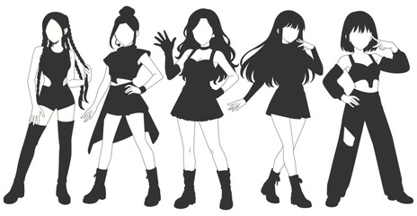 Set silhouette illustrations of kpop idols singing and dancing on stage. Flat vector kpop music star. Modern group dancers with various different styles, poses and choreography. Korean pop cultures.
