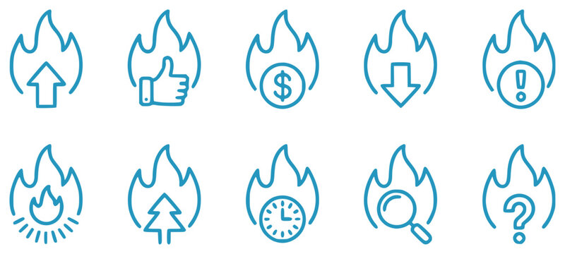 Collection of Blue Line Icons Representing Hot Topics and Concepts