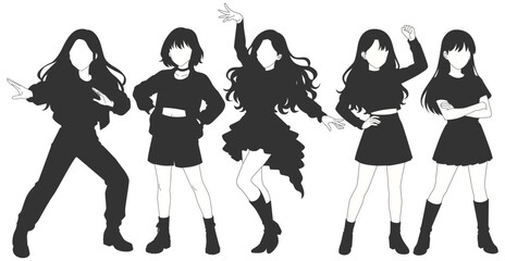 Set silhouette illustrations of kpop idols singing and dancing on stage. Flat vector kpop music star. Modern group dancers with various different styles, poses and choreography. Korean pop cultures.
