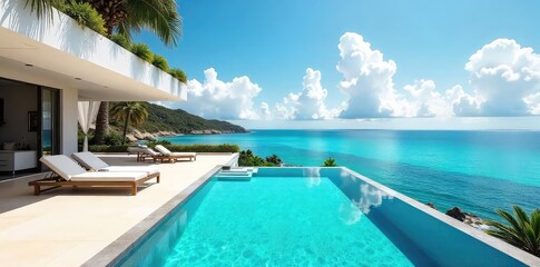 Fototapeta premium Sun-drenched villa with infinity pool overlooking a breathtaking ocean vista; epitome of luxurious, carefree living Perfect for travel, vacation, and luxury lifestyle imagery , serene, calm