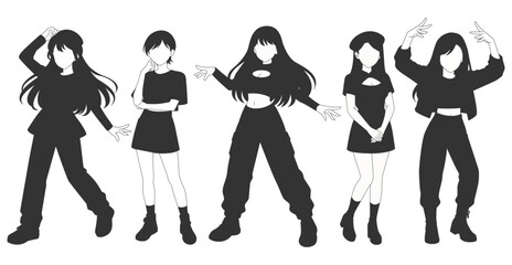 Set silhouette illustrations of kpop idols singing and dancing on stage. Flat vector kpop music star. Modern group dancers with various different styles, poses and choreography. Korean pop cultures.