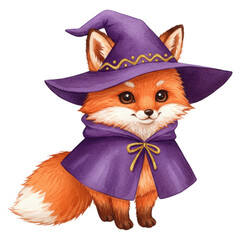 Cute watercolor fox cub wearing a purple wizard hat and matching cape isolate