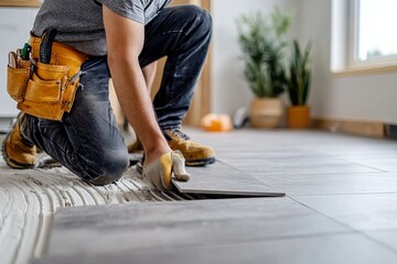 Professional handyman skillfully installing a new grey tile on a home floor for modern elegance