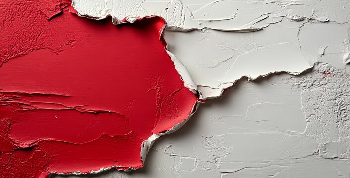 Dramatic torn paper reveals a vibrant red underlay, accented by playful flecks of blue, in a torn page reveal